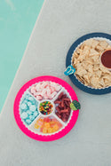 pinstripes melamine divided dish with pink band and fern mini and flip flop minis and navy blue band