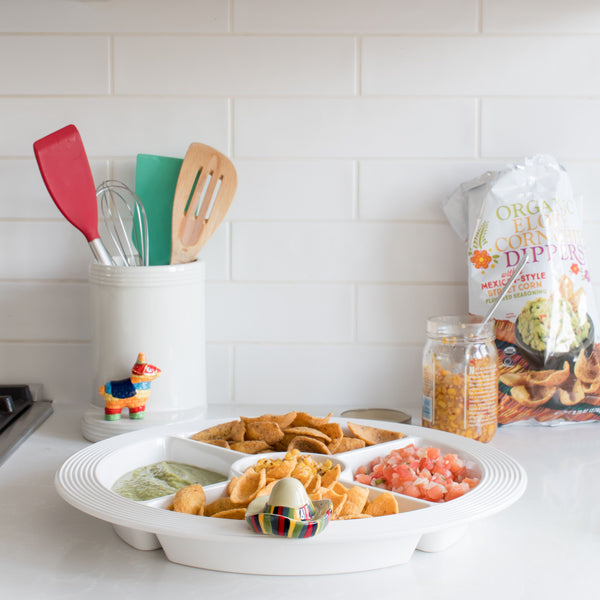 pinstripes melamine divided dish with chips and salsa