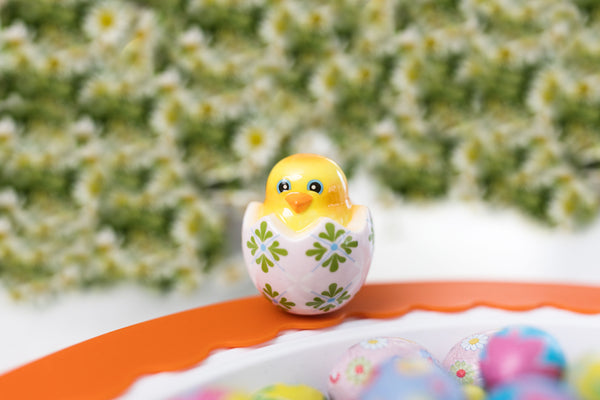 chick in egg mini on a round platter with an orange band