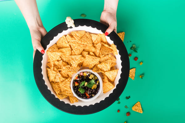 black silicone band and chip and dip platter