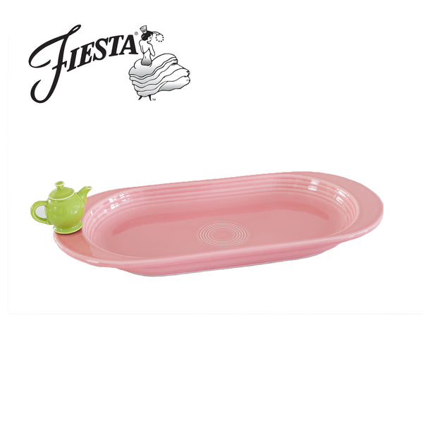 pink Fiesta Dinnerware platter with a lime green teapot mini