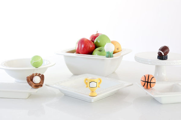 tennis ball, baseball mitt and baseball, trophy basketball and football