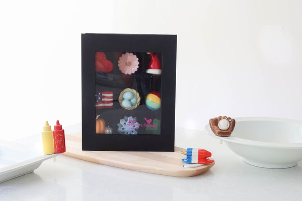 ketchup and mustard mini and popsicle mini and baseball mitt and baseball with a keepsake box of minis