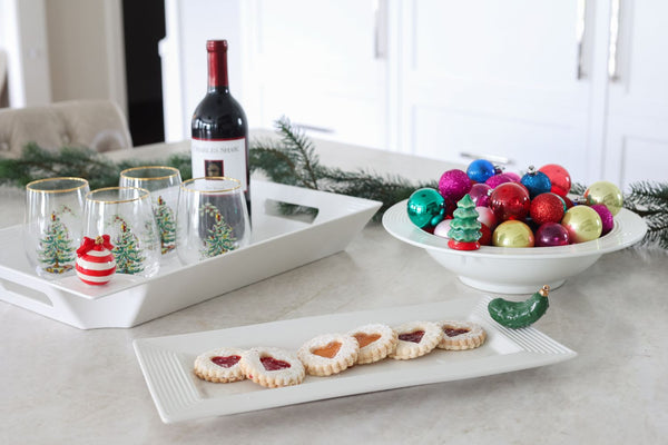 pinstripes bread tray with Christmas pickle mini and Christmas Tree mini and red and white minis