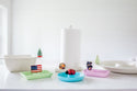 lil' ladybug on dainty dish with haunted house mini, american flag, christmas tree, harvest and pear mini with melamine paper towel holder and chip and dip platter