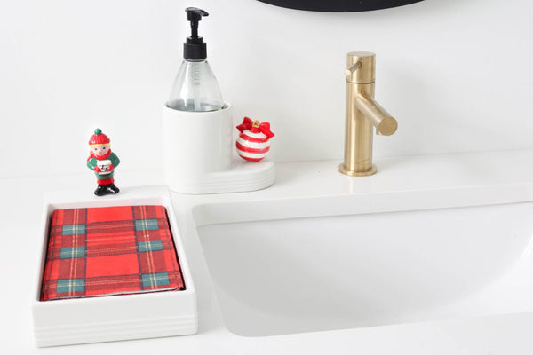 pinstripes round cutie container with red and white striped ornament mini and falala caroler mini on napkin holder