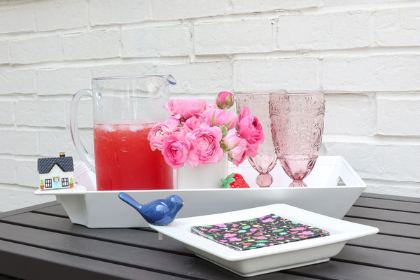 house mini, blue bird mini, Nora fleming napkins, tray with lemonade and flowers and napkin container