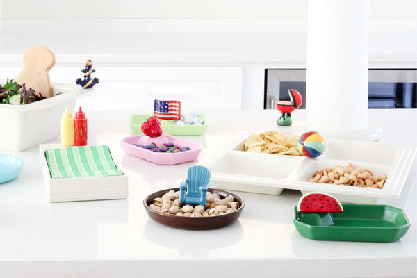 watermelon mini, beacball, grill, chair, american flag, strawberry, ketchup and mustard minis on napkin holders, dainty dishes, divided square platter and paper towel holder