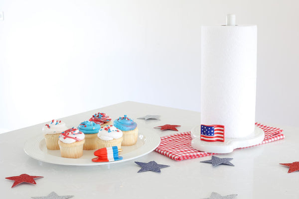 american flag mini and red, white and blue popsicle mini on pinstripes round platter and melamine paper towel holder