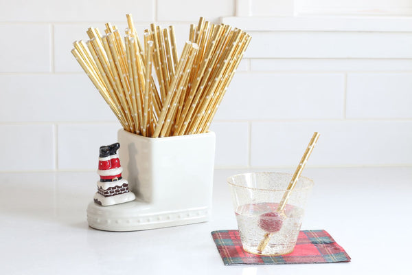 santa down the chimney with straws and a drink