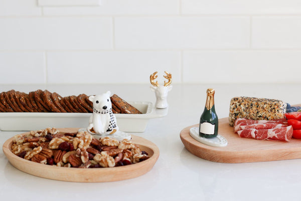 polar bear mini on wood board and champagne mini and reindeer mini