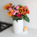 pinstripes utensil crock with bright flowers and pumpkin mini
