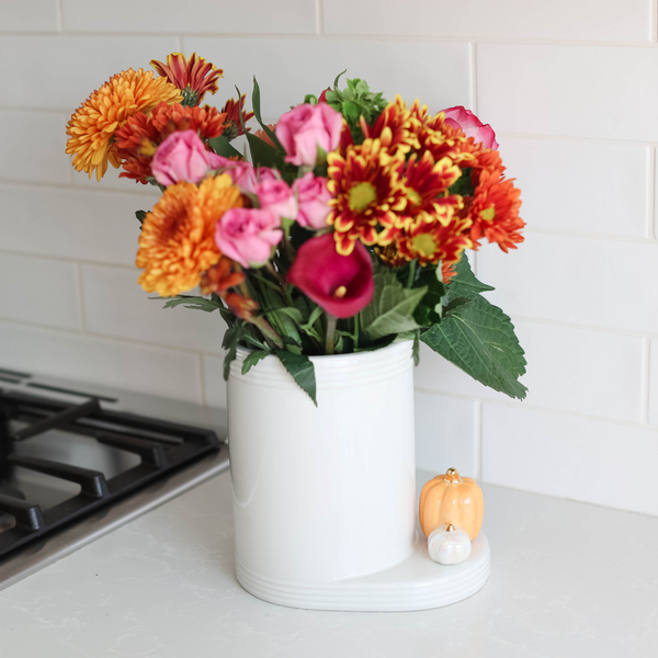 pinstripes utensil crock with bright flowers and pumpkin mini