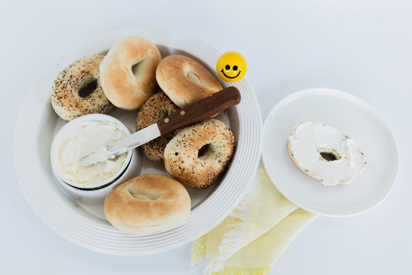 pinstripes chip and dip platter with bagels and cream cheese and happy face mini