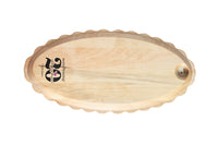 A wooden, oval-shaped, scalloped edge serving tray with a decorative hole in one corner, displaying a natural wood pattern with a 20th anniversary backstampl