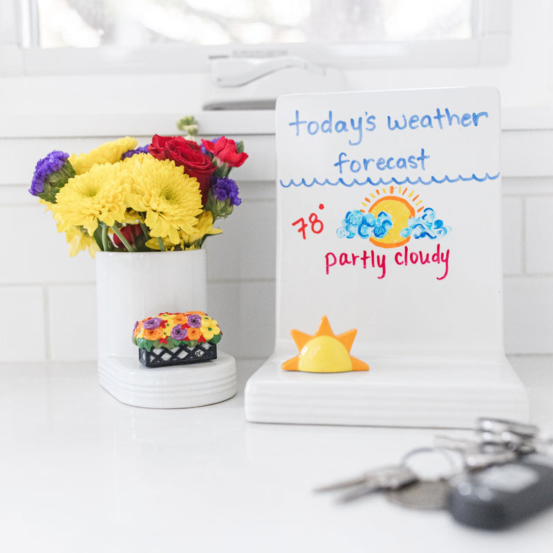 pinstripes message board with weather, sun mini and flower box mini on a cutie container