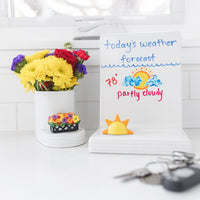 flower box mini on a cutie container filled with flowers, sunshine mini on a pinstripes message board with the weather report written on it and some car keys