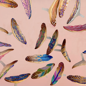 Colorful feather-shaped minis on a pink background