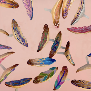 Colorful feather-shaped minis on a pink background