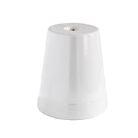 A white melamine round platter with a riser, featuring a central screw hole on top.