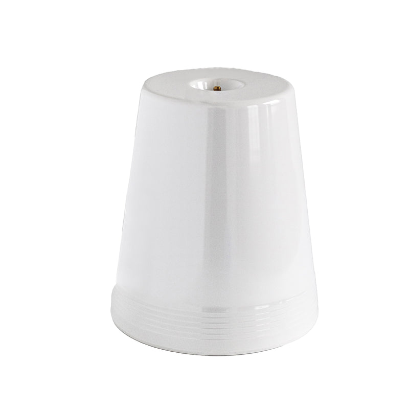 A white melamine round platter with a riser, featuring a central screw hole on top.