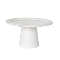 A white melamine round platter with a riser, featuring a central screw hole on top.