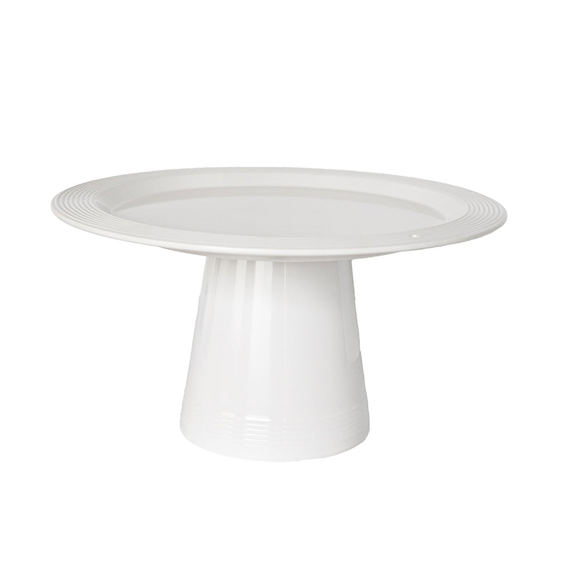 A white melamine round platter with a riser, featuring a central screw hole on top.