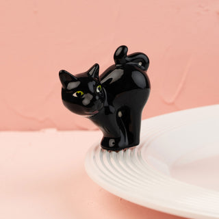 Black cat mini on a white stand with a pink background