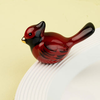 Red cardinal bird mini on a white plate with a yellow background