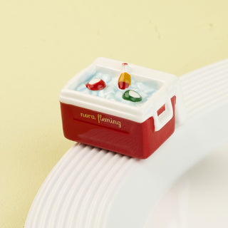 red and white cooler mini on light green background