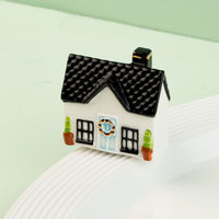 house mini with a green door and black roof on a white surface with a light green background