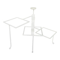A white metal triple tier stand with square platforms, designed to hold stoneware napkin & candy holders.