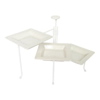 A white metal triple tier stand with square platforms, designed to hold stoneware napkin & candy holders.