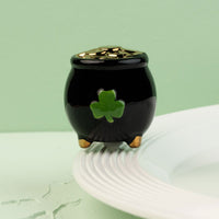 Black pot with a green clover mini on a white surface against a light green background