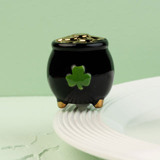 Black pot with a green clover mini on a white surface against a light green background