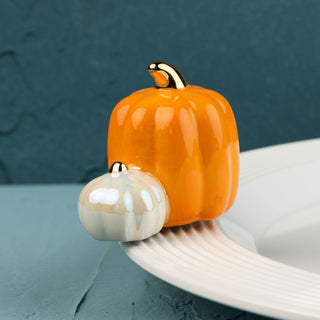 Two ceramic pumpkins, one orange and one white mini, on a white plate against a teal background.