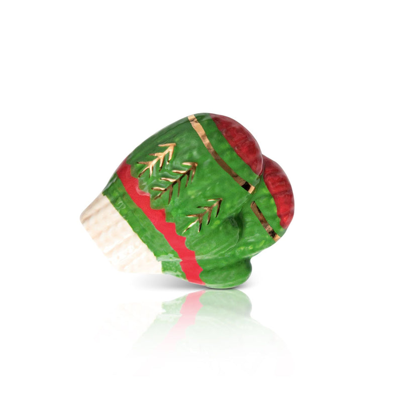 Decorative mittens mini with green, red, and gold colors on a white background