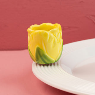 Yellow tulip mini  on a white plate against a red background