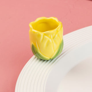 Yellow tulip mini  on a white plate against a red background