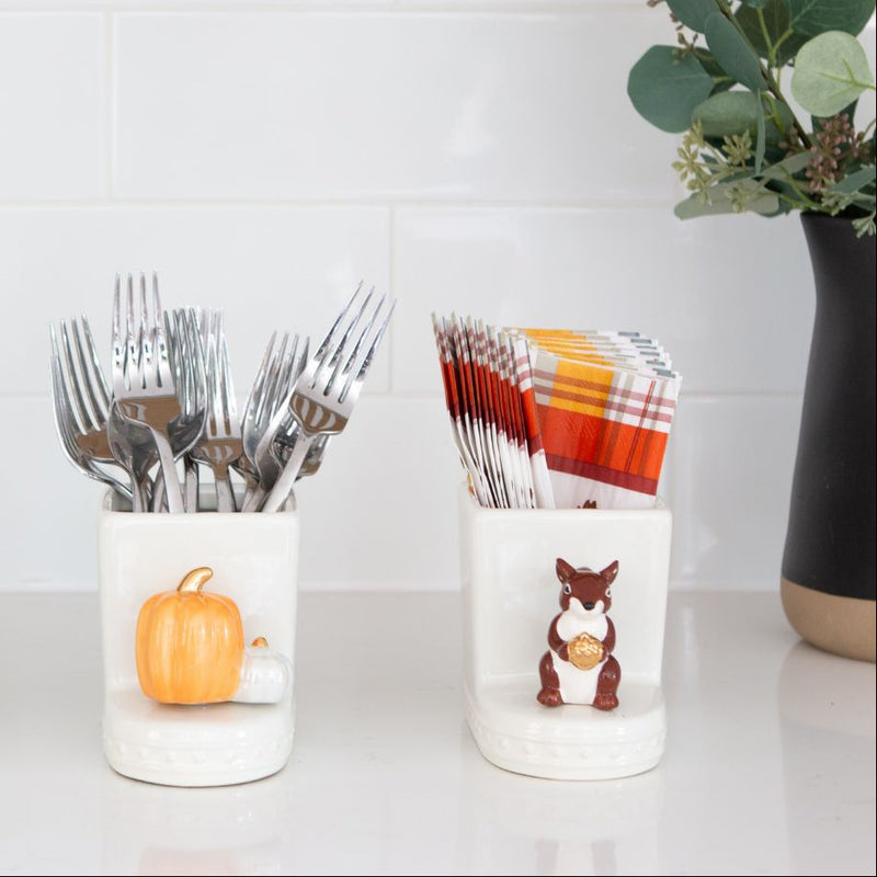 acorn mini, pumpkin mini, squirrel mini all with square cutie containers and silver utensils