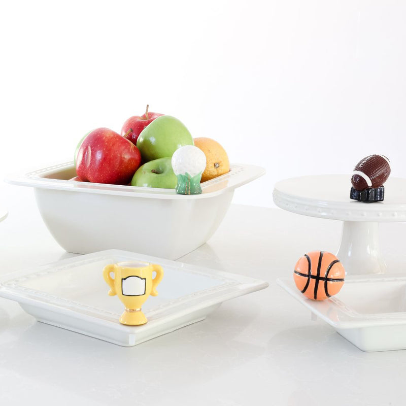 tennis ball, baseball mitt and baseball, trophy basketball and football