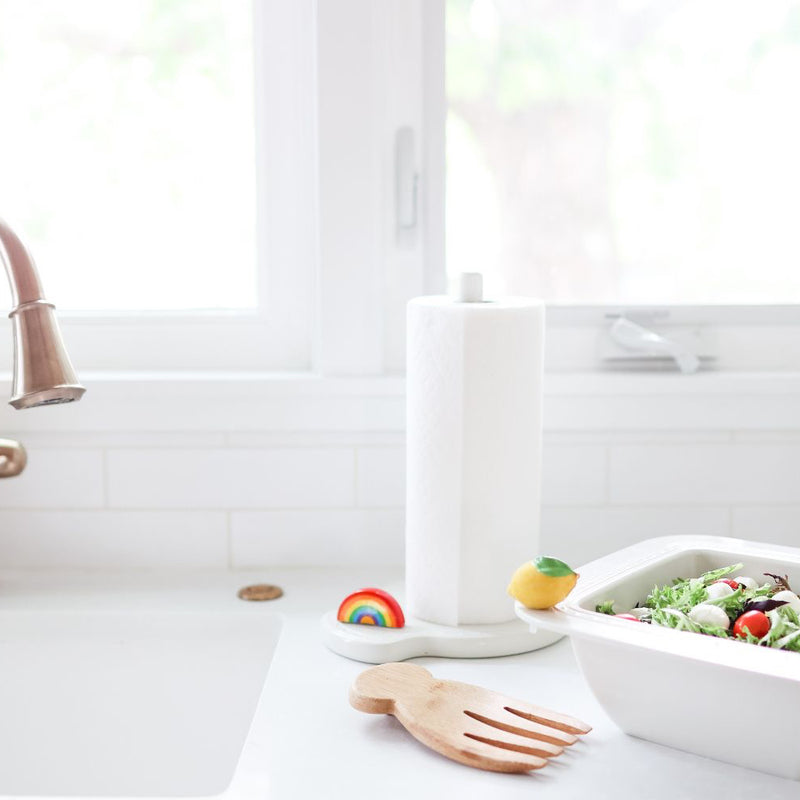 "over the rainbow" rainbow mini on our pinstripes paper towel holder on the kitchen counter next to the kitchen sink