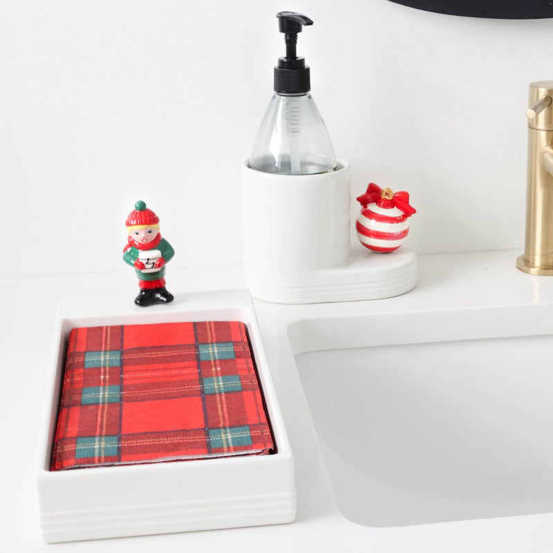 pinstripes melamine guest towel holder with caroler and cutie container with red and white mini