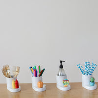 pinstripes round cutie container with ketchup and mustard mini, pumpkin mini, peace mini, cactus mini, polar bear mini and pink flower mini