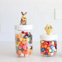 pinstripes large canister with bunny mini, medium canister with an Easter basket mini, small canister with a carrot mini