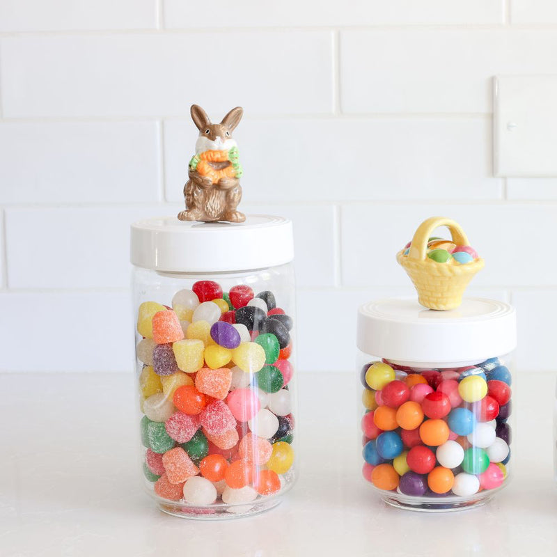 pinstripes large canister with bunny mini, medium canister with an Easter basket mini, small canister with a carrot mini