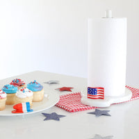 american flag mini and red, white and blue popsicle mini on pinstripes round platter and melamine paper towel holder