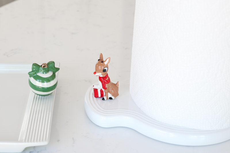 pinstripes melamine paper towel holder with our Rudolph the Red-Nosed Reindeer mini and the green deck the halls ornament mini
