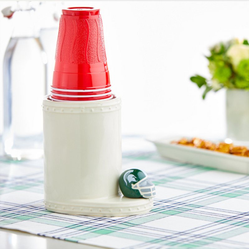 Michigan State University helmet with solo cups