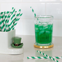 st. paddy's day green hat mini on square cutie container with a green drink and green striped straws